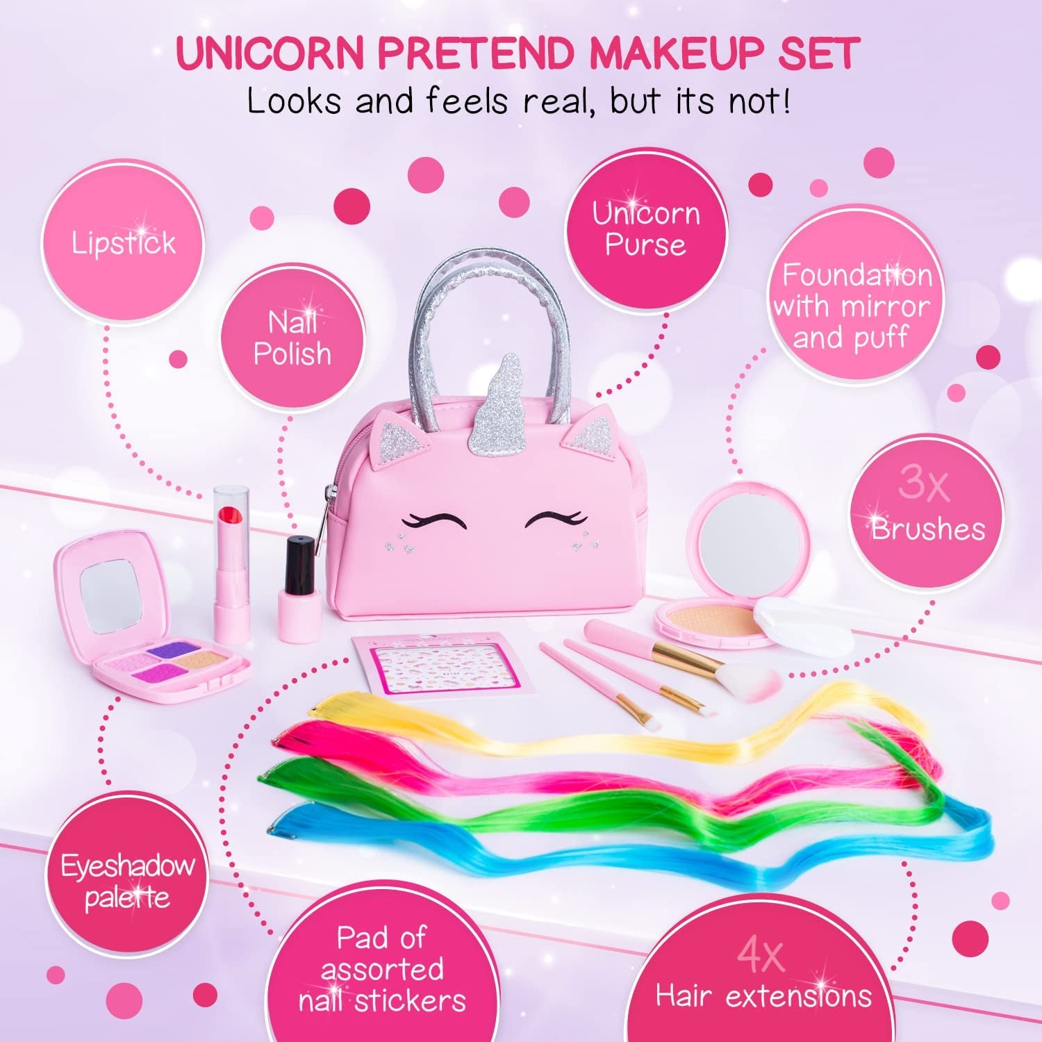Pretend Play Makeup Kit for Little Girls with Unicorn Purse: Fake (Not Real) Make up Toy Set for Toddlers and Kids - Includes Hair and Nails Accessories, Baby Toys Gift