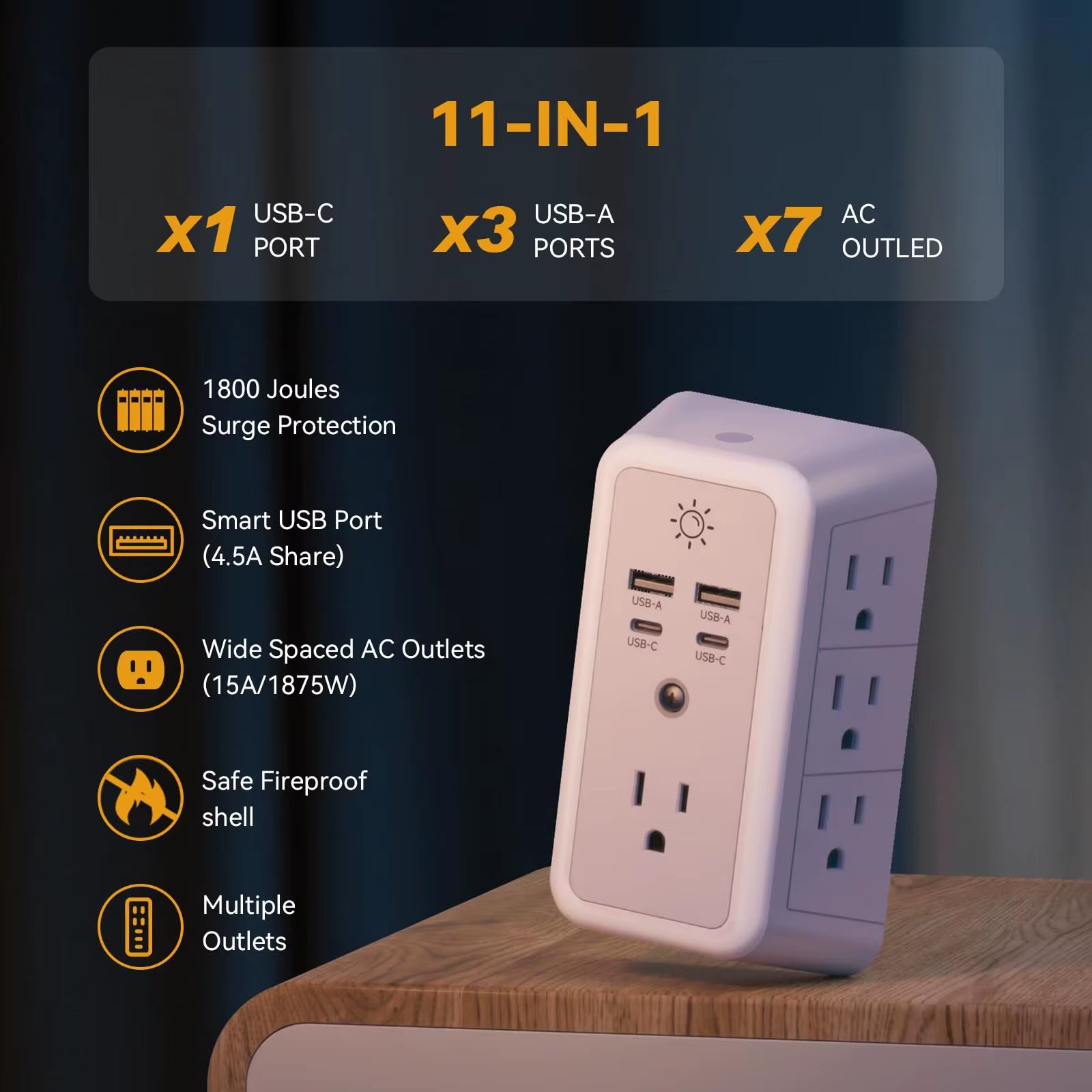 Home Surge Protector Power Strip, Etl-Listed, Wall-Mountable W/ 7 AC Outlets USB-C PD Fast Charge - 1800 Joules Surge Protection